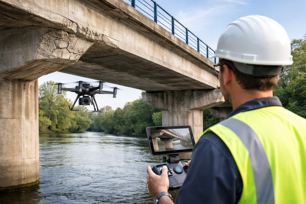 Inspección técnica con dron UAS en puente de hormigón con fisuración