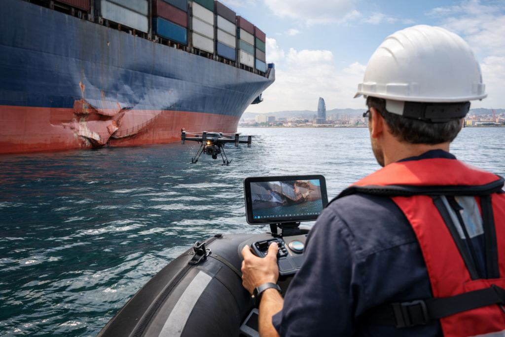 Inspección con dron UAS de deformación en casco de portacontenedores fondeado en Barcelona
