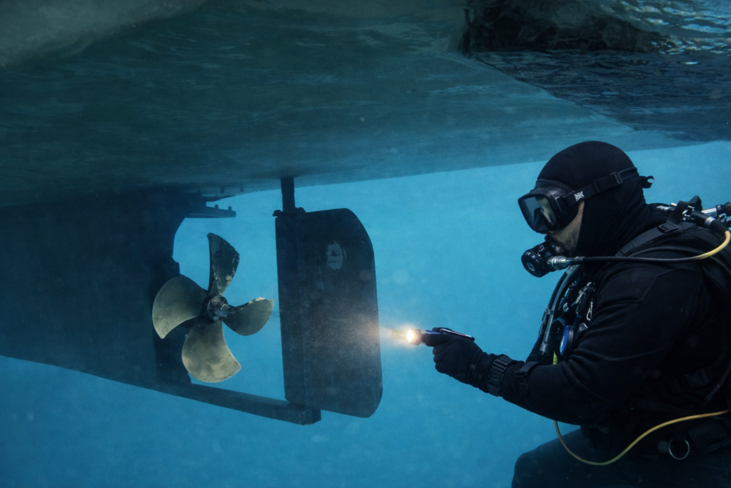 Inspección subacuática de hélice y timón en embarcación intraborda tras siniestro